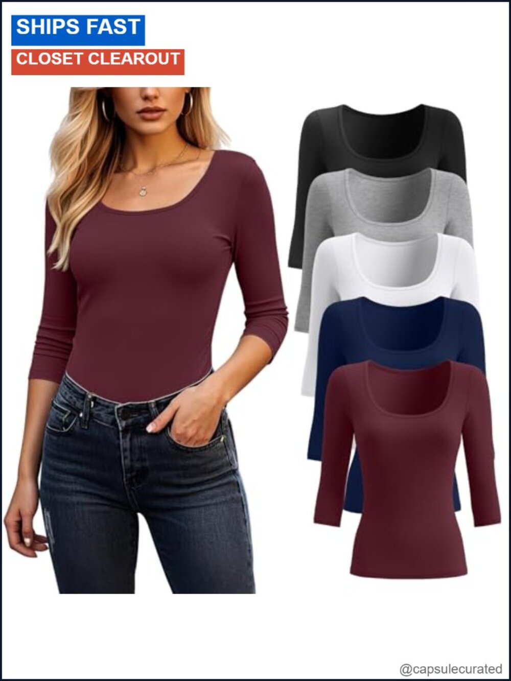 5 Pack Women's 3/4 Sleeve Scoop Neck Slim Fit Cotton Blend Stretch Tees
